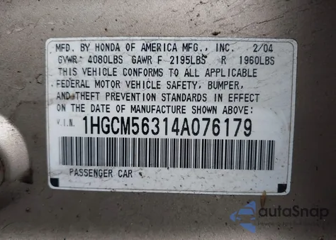 2004 Honda Accord 2.4 Lx from USA, damaged, VIN 1HGCM56314A076179